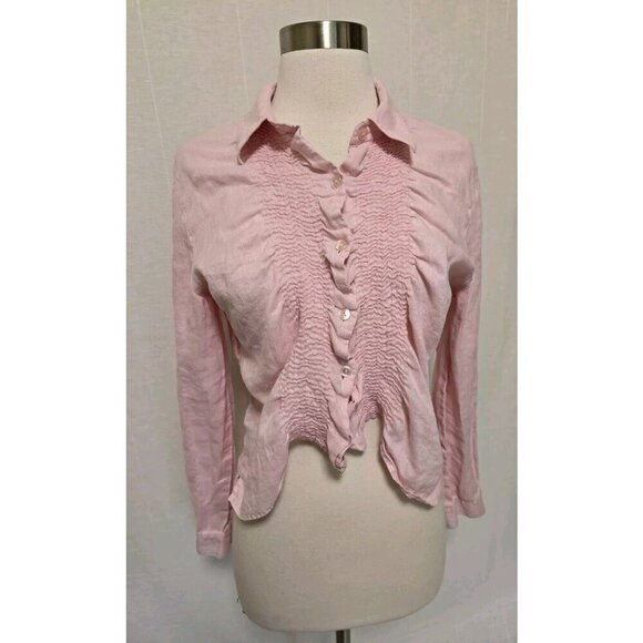 Womens Vintage Ruffle Front Button Down Shirt Size 12 Petite Pink Prairie Linen - Picture 1 of 7